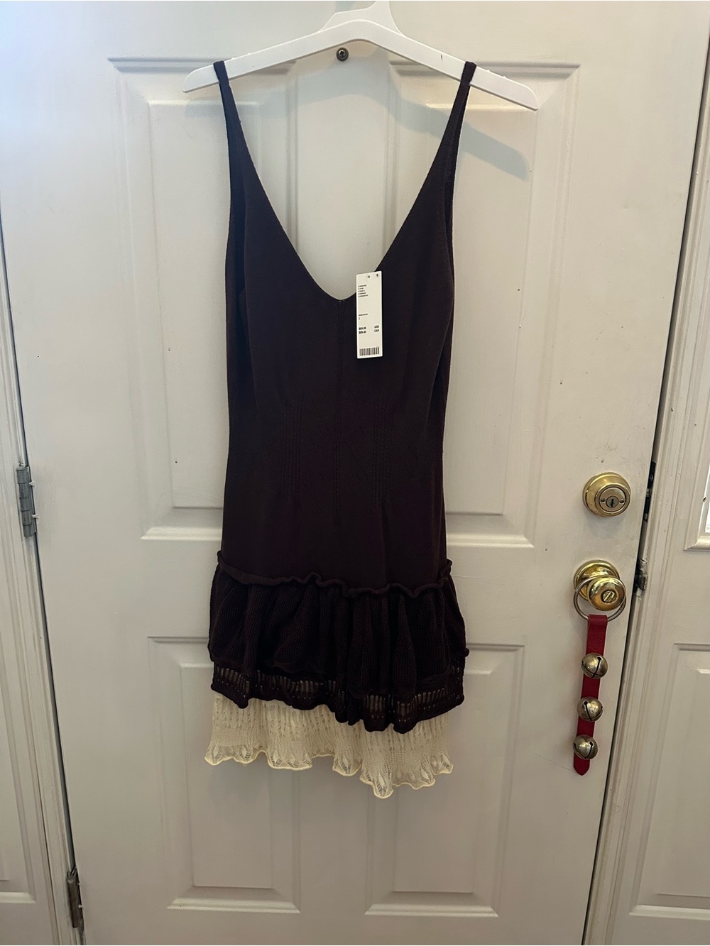 Free People Brown Slip Dress with Cream Ruffle Hem